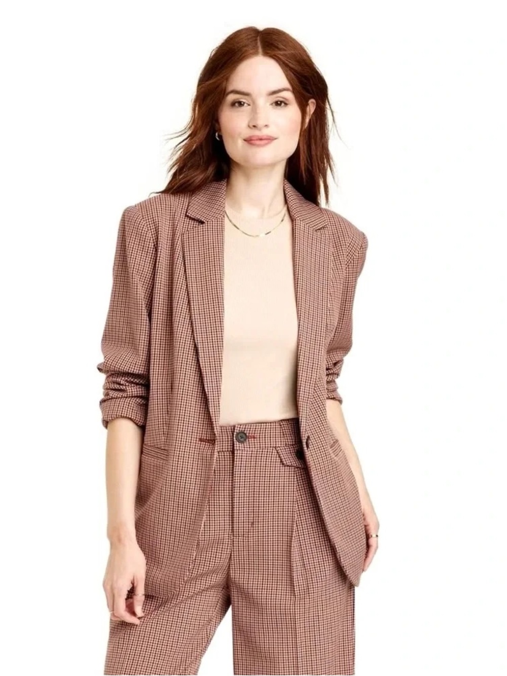 A New Day Oversized Fall Blazer in Brown/Red Plaid Print Size Large